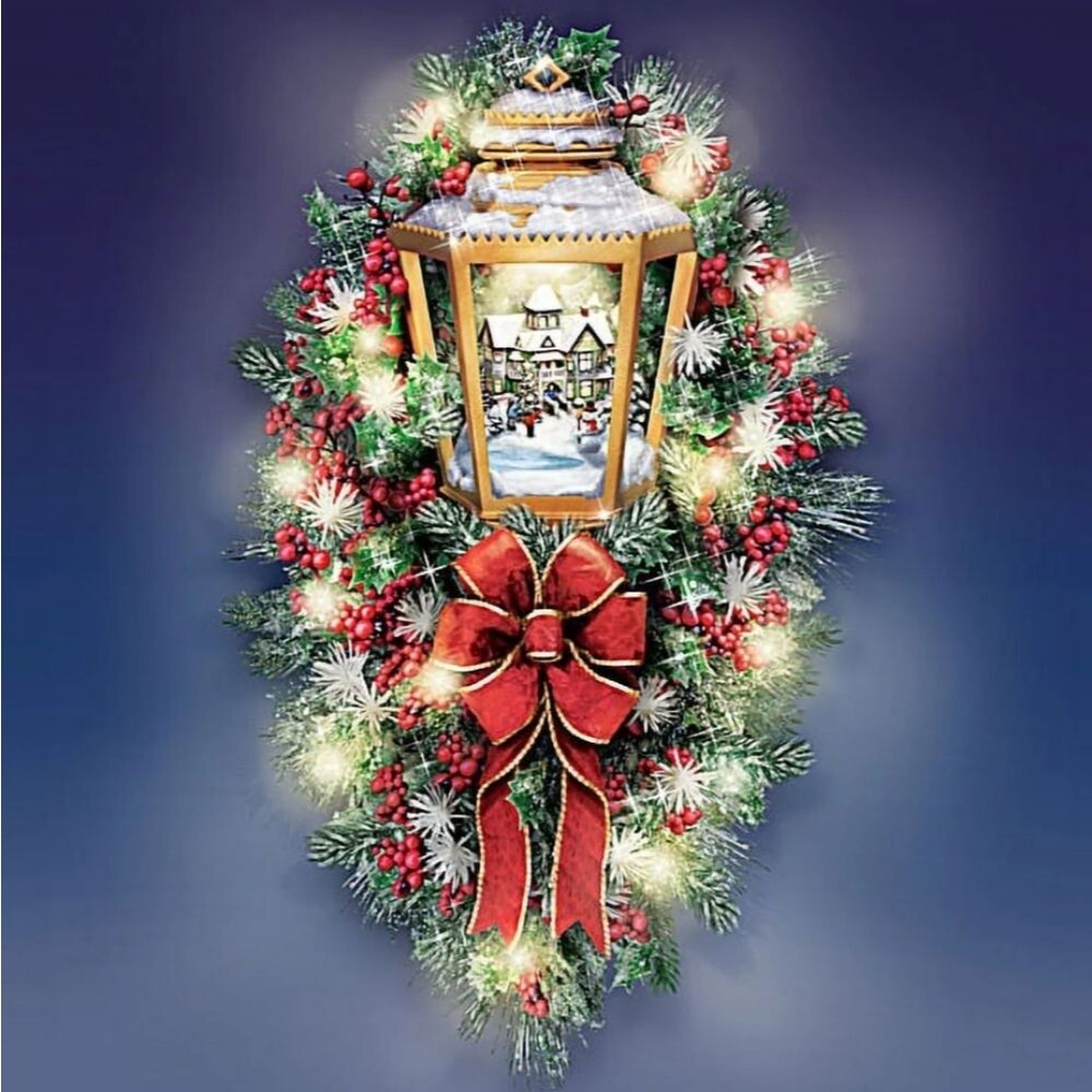 Thomas Kinkade A Happy Homecoming Illuminated Large Victorian Christmas Wreath